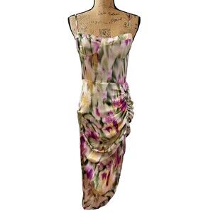 CIDER Watercolor Satin Ruched Asymmetrical Bodycon Midi Dress – Size Small